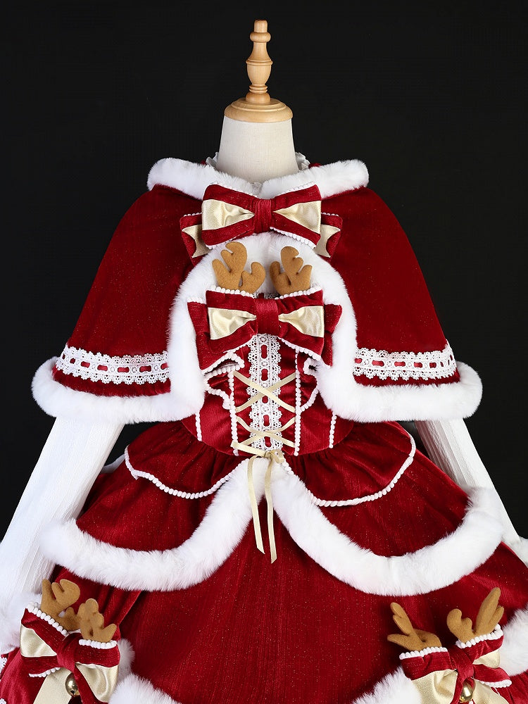 Reindeer Decorated White Plush Lolita Christmas Trimming Antlers Red Bowknots Dress