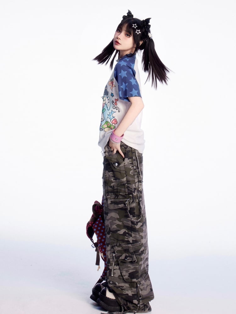 Cargohose mit weitem Bein, niedrige Taille in Camouflage, Vintage