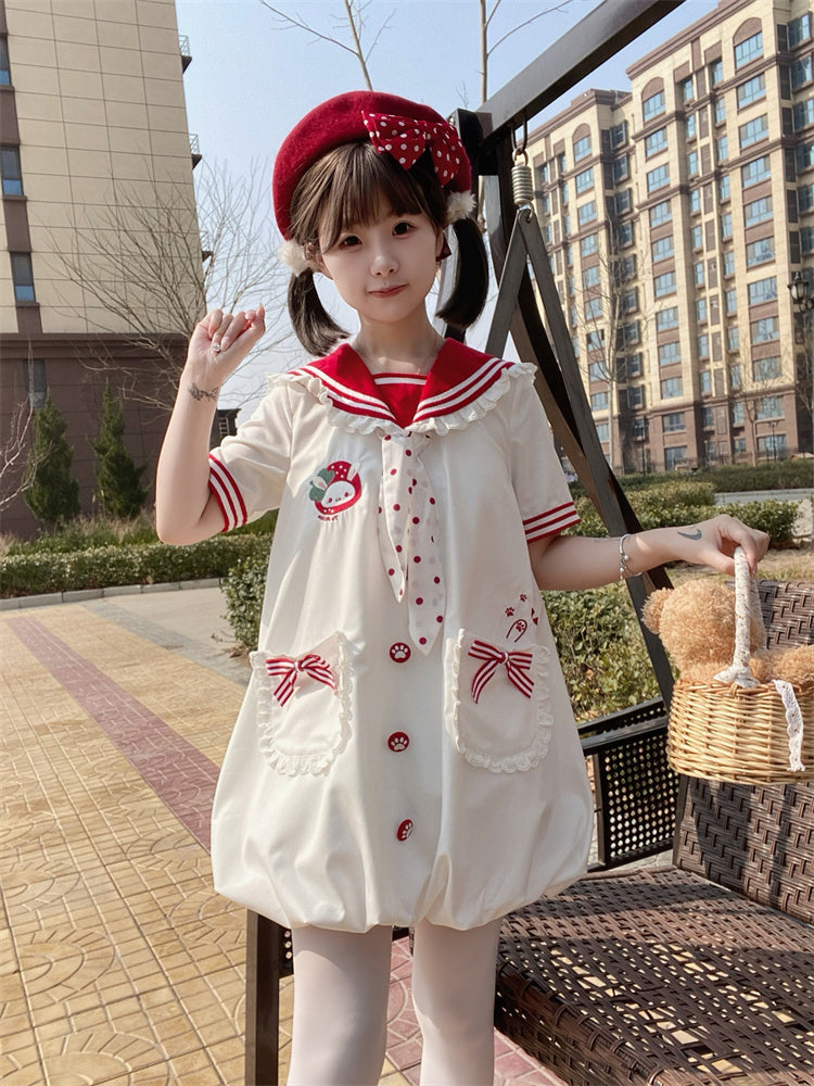 Pink/Red Bubble Adorable Bunny Ear Design Ruffled Sailor Collar Skirt Dress