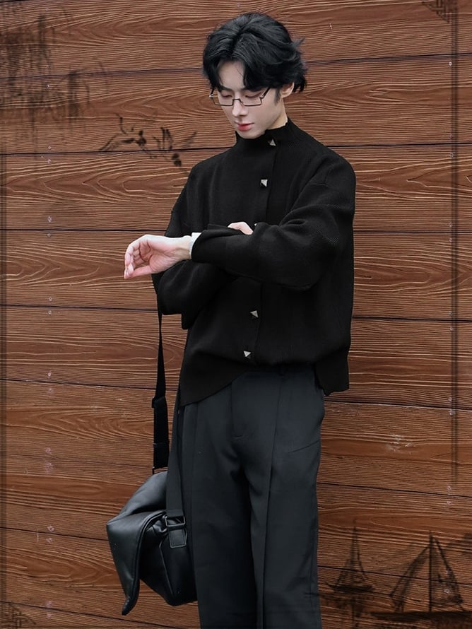 Unisex Chinese Cardigan Knit Black Traditional Front Button Style - Design