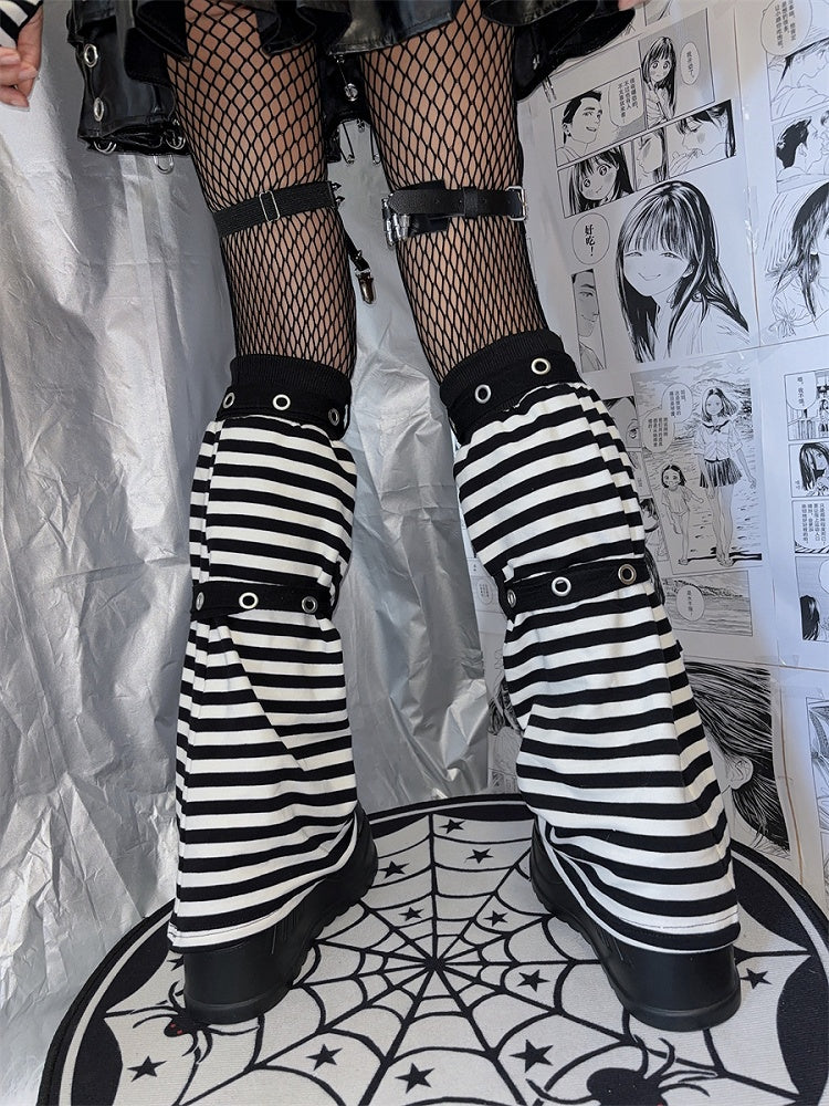 Black & White Stripes With Cross Chain Punk Leg Warmers
