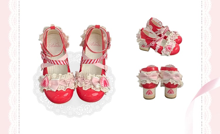 Lolita Velvet Mary Shoes Strawberry Sweet Jane Cake Red