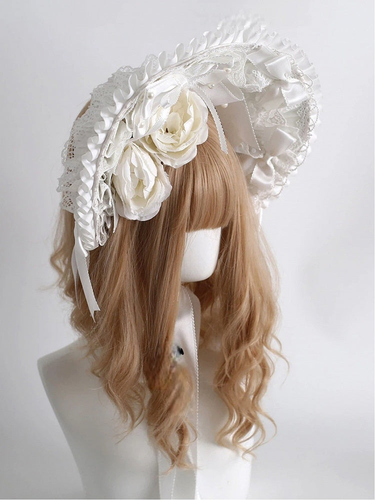 Rose Bonnet White Accents Satin Bow Lace with Ruffled
