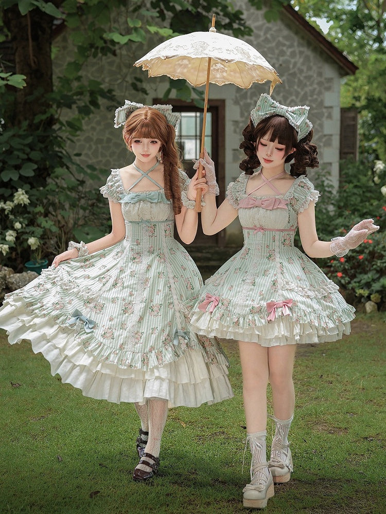 Floral Striped Dress Set with Hair Clip and Choker - With PUJI
