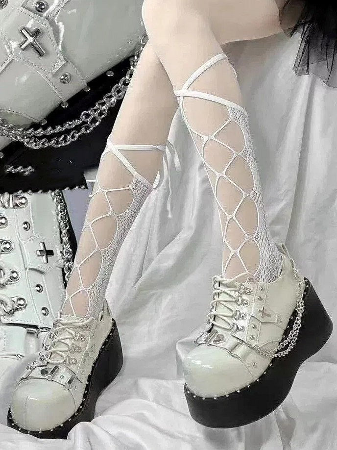 Grey Gothic Punk Platform Shoes with Lace-up Design & Studded Accents
