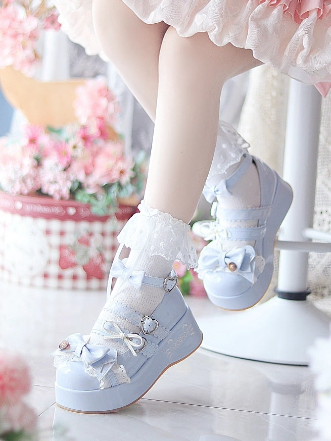 Kitten Blue Shoes Motifs Pattern with Platform Delicate Lolita Button-Embellished Striped Sweet Top Bow Mary in Jane