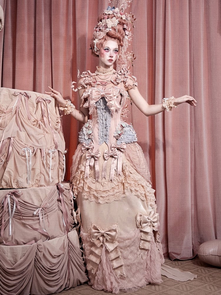 Strawberry Mousse Rococo Corset Top with Detachable Chest Bow and Shoulder Straps - Blood Supply