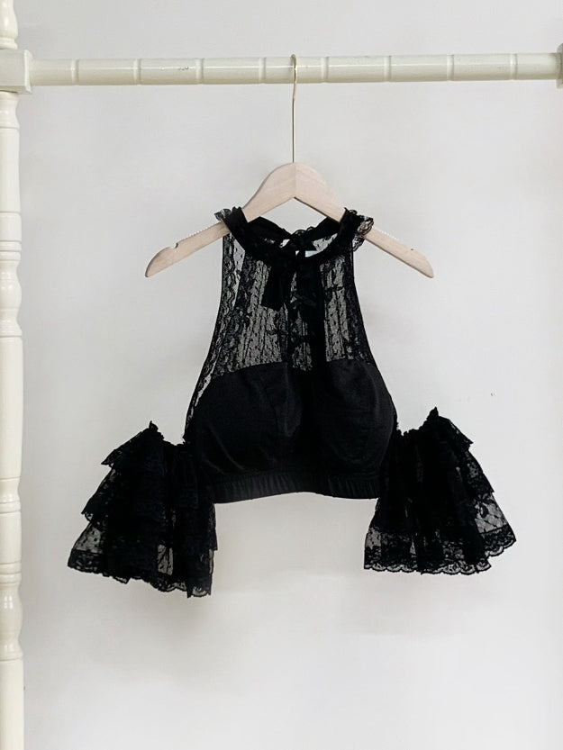 袖取り外し可能ホルターネックフリル付きレーストップス(ブラック)クロップド丈