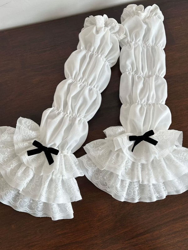 Lace Hollow-out Cuffs White Bowknot Gray/Pink/Black Sleeves Tiered Lolita With Details