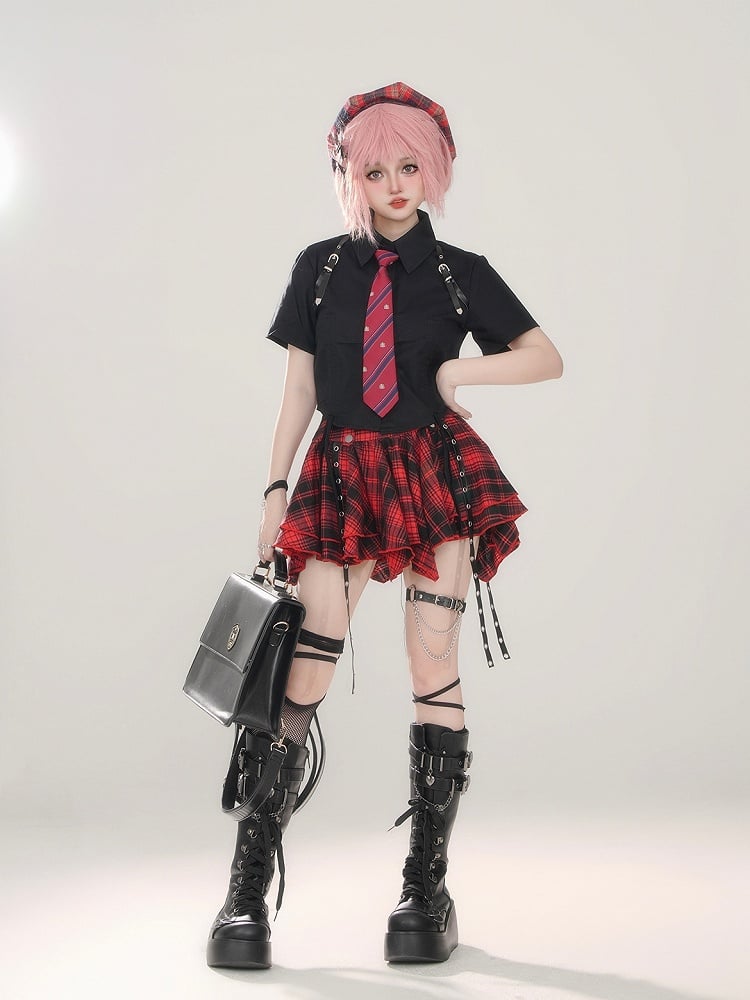 Mini Straps Red Skirt With Plaid Black Pleated Metal Punk Buckle