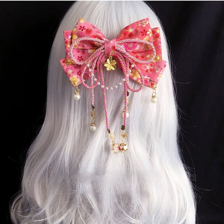 Bow with Pearl Accents Sakura Tassel Pattern Hairclip