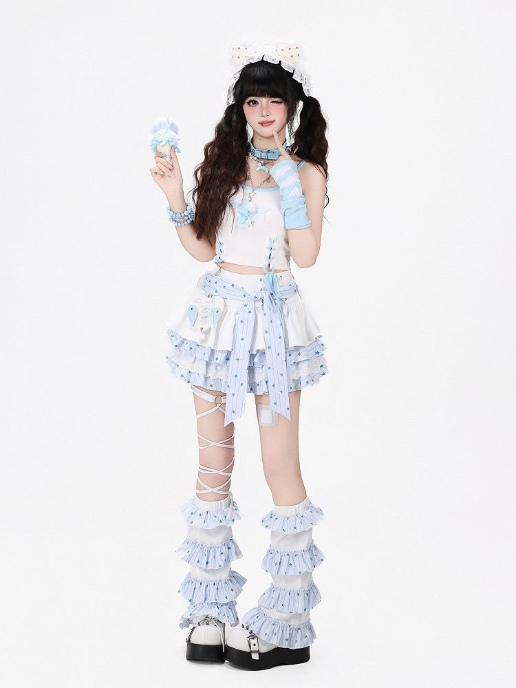Sweet Edgy Kawaii White & Blue Tiered Skirt with Star Print and Waist Tie + Matching Leg Warmers Set - CRAZY GIRL