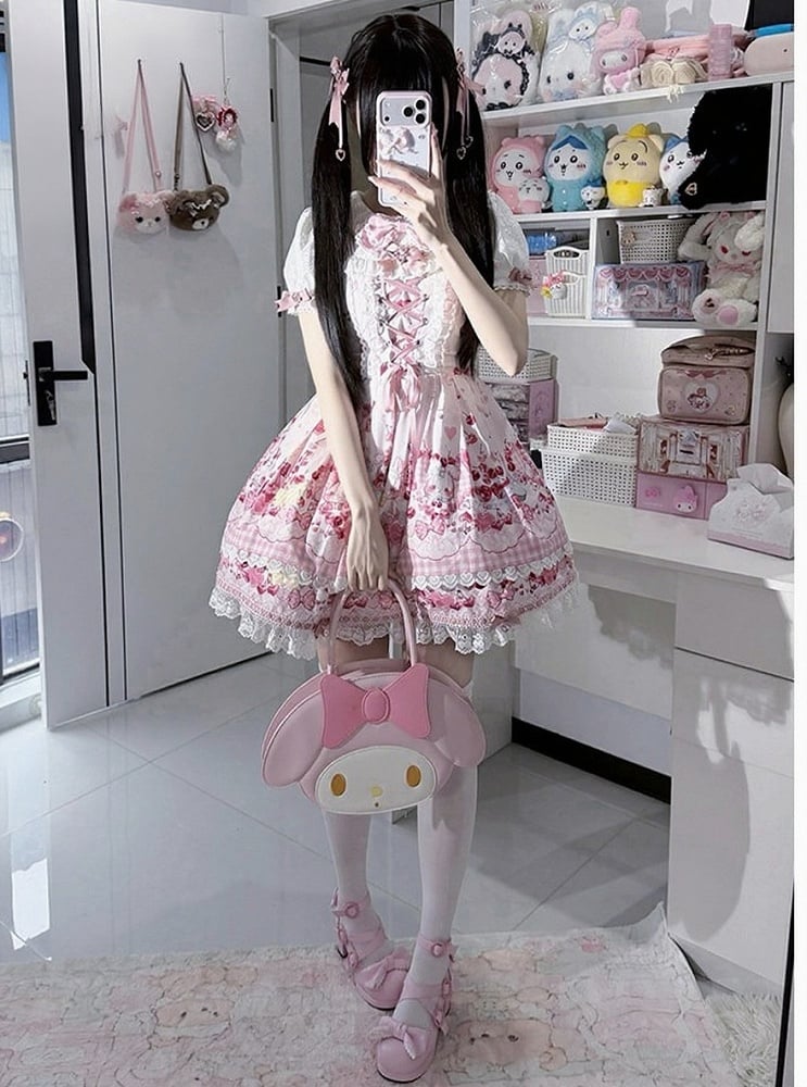 Pink Bunny and Cherry Print Short-Sleeve OP Dress with Matching Skirt - Doki Cherry