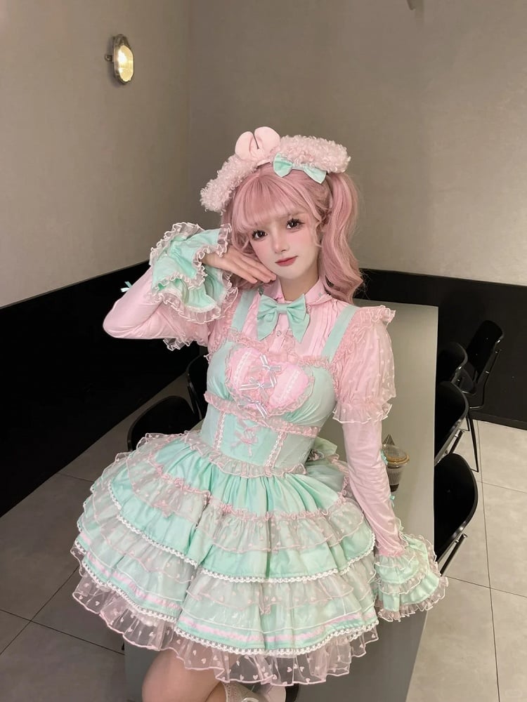 Lolita Dress Sweet Polka-dot Green Pink Heart Pattern Ruffled Heart Front Mint