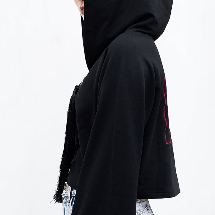 Front Baggy Long Cheongsam Hoodie Detail Crop Style and Sleeves Goth with Fringe Black