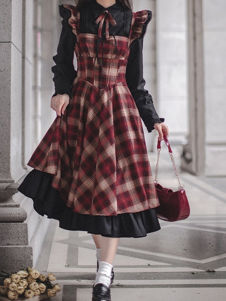 Kleid Plaid Muster Taille Lolita Rot Baskenmütze
