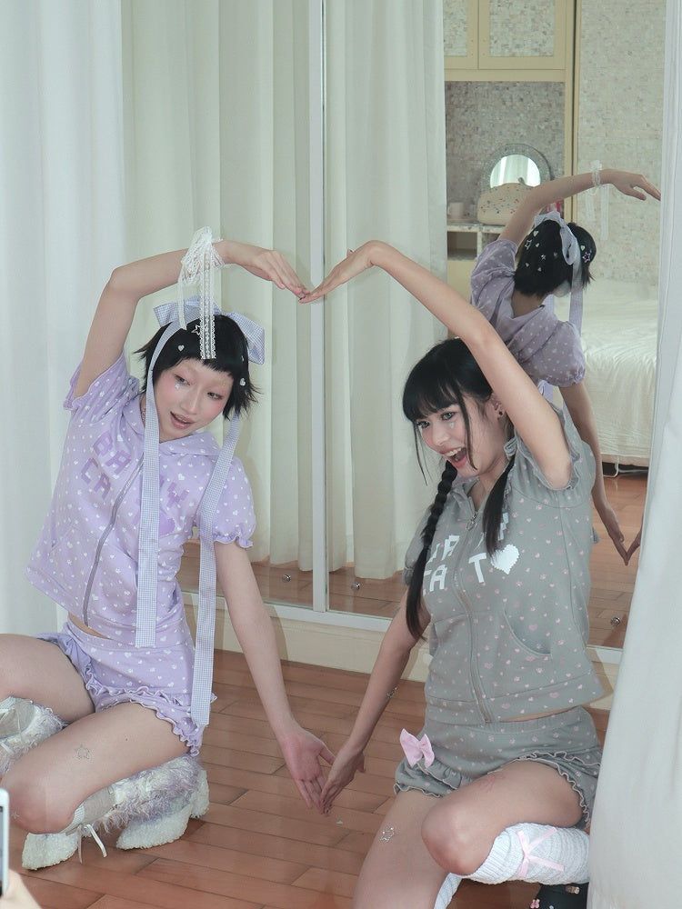 Kawaii Print Elastic Bow Light Waist with Gray Ruffled Paw Detachable Bloomers Cat