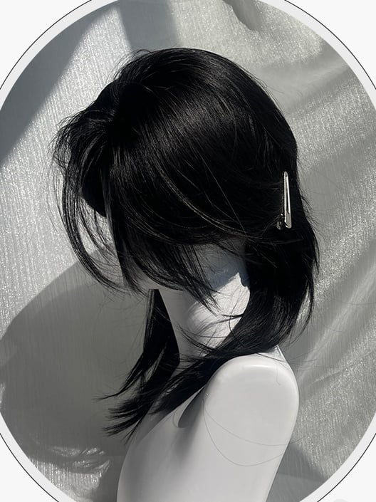 Black Above Bust Length Straight Synthetic Wig With Curtain Bangs