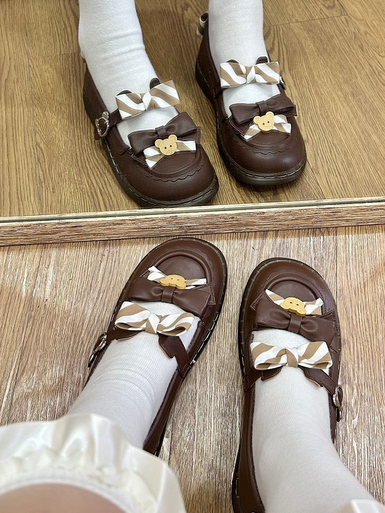 Design PU - and Kuma-themed with 2cm Flat Ear Shoes Strap Lolita Bear Brown Striped Bow