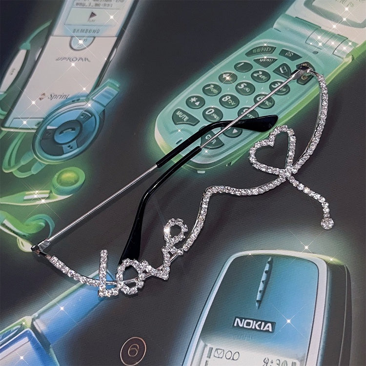 And Rhinestone Frame Eyeglasses Silver Heart Punk Letter Dcorated