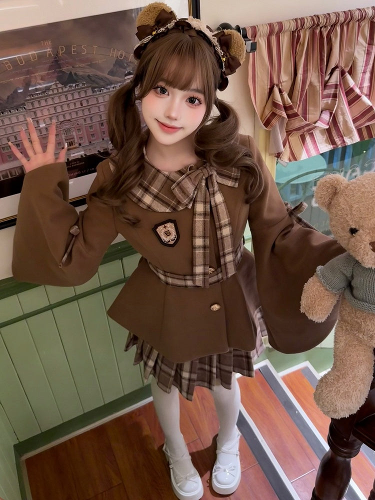 Coffee Preppy Style Bell Sleeves Jacket with Plaid Bow Accent + Coffee Plaid Pleated Skirt Set