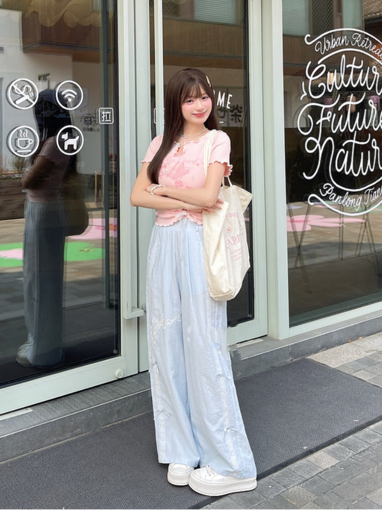 Version Regular/Short Blue Wide-Leg Pants Bowknot Embroidery High Waist