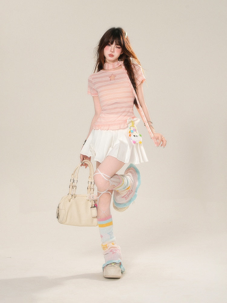 Scarf Star-shaped Cutout Pink Stripes Detail Glamorous T-Shirt with Free