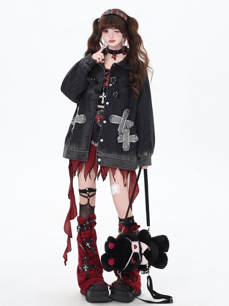 パンクロックスタッズクロスブラックルーズデニムジャケット