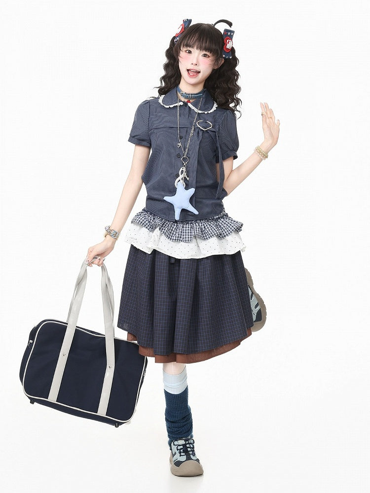 Blue Plaid Peter Pan Collar Shirt with Puff Sleeves and Heart Buckle - Languid Park