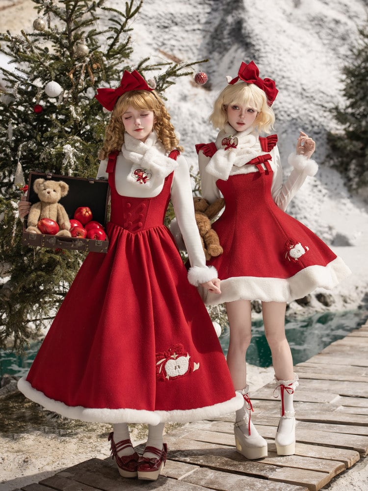 Lolita Embroidered Plush Apple-Themed Scarf + KC Red JSK Christmas Bow Brooch Short