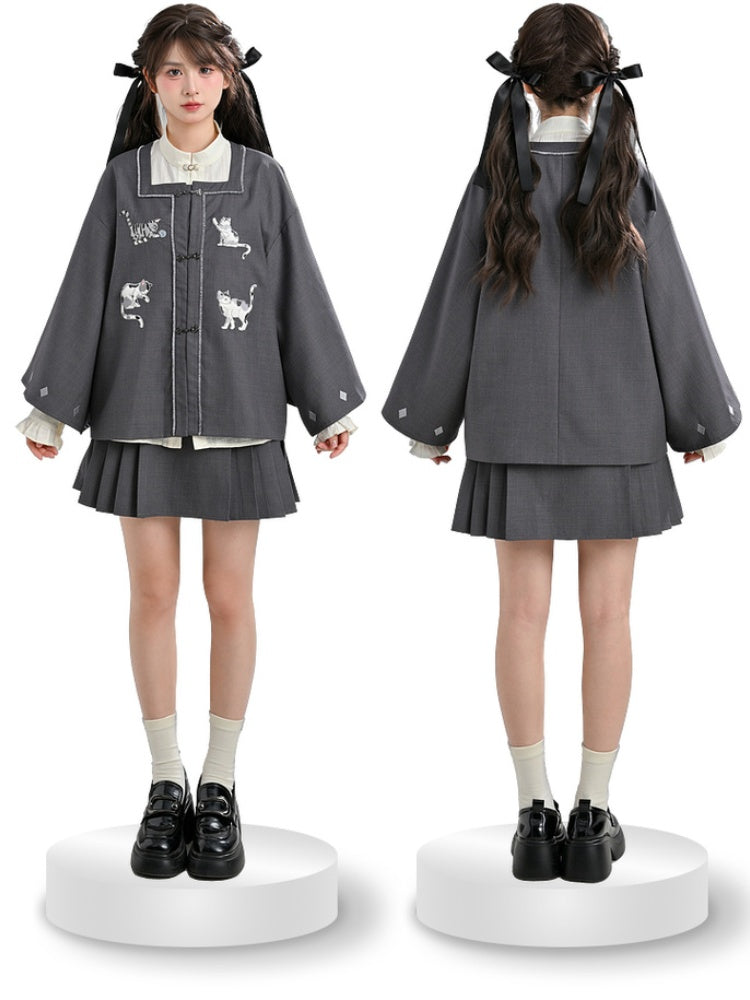 Grey Square Neck Cat Embroidery Cheongsam Style Knot Button Top