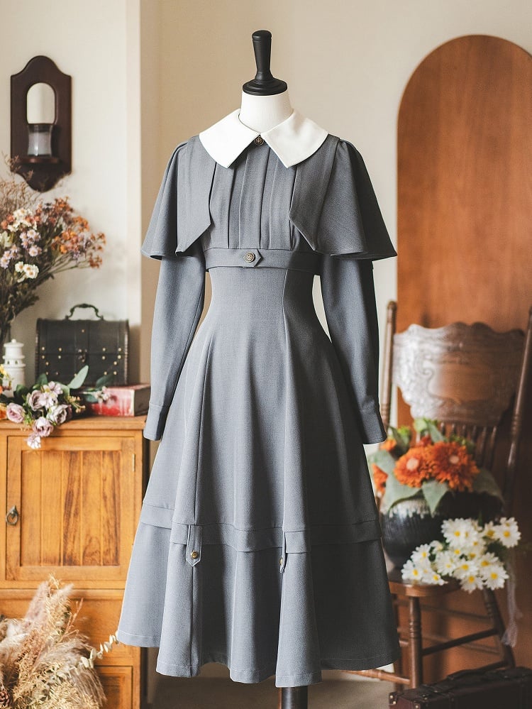 グレーの取り外し可能なケープ付きエレガントレトロスリミングドレス