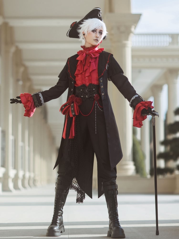 Rotes, gerüschtes Ouji Lolita-Hemd mit hohem Kragen und langen Ärmeln und Jabot-Krawatte