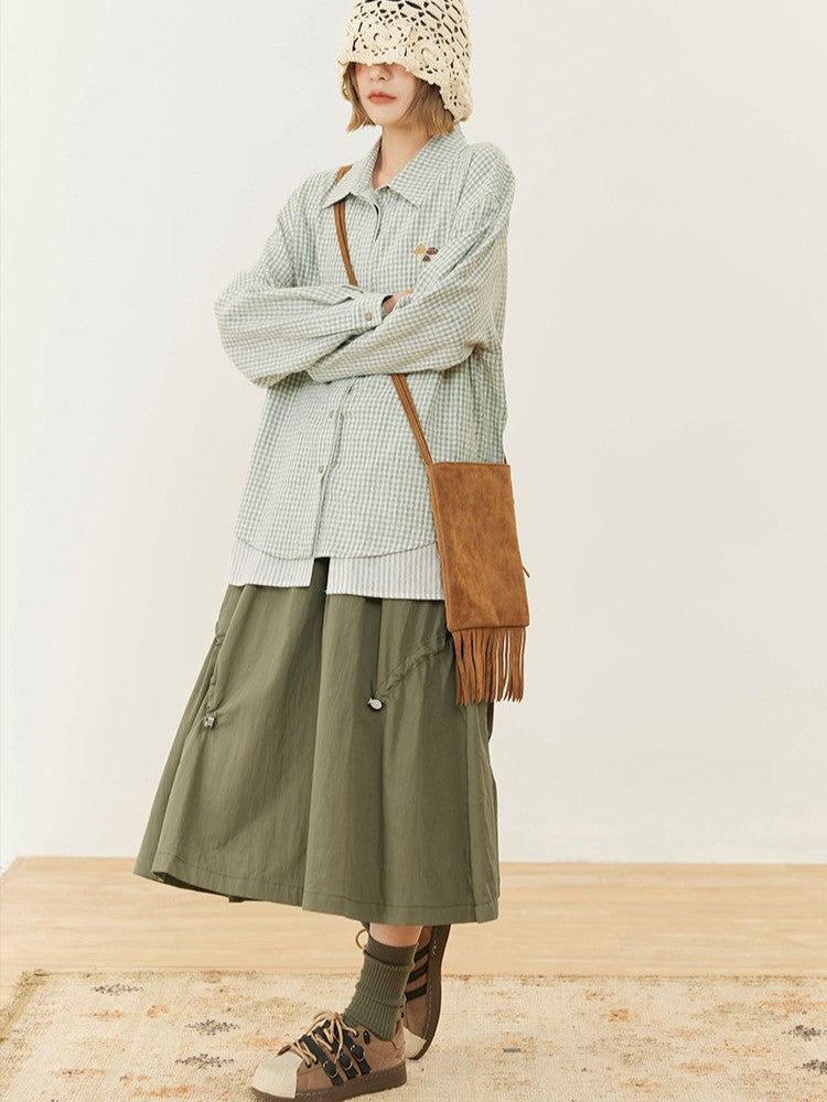 Drawstring with Design Vintage Green Shirt Silhouette A-Line