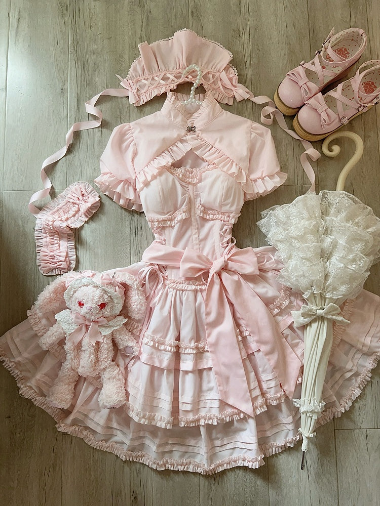 Accents Bolero + Pink Set Dress Flower Top Ruffle Boned Layered Lolita JSK with