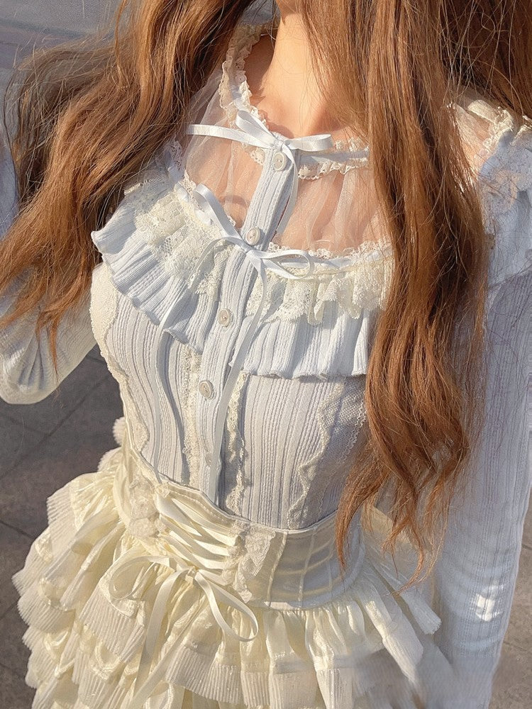 Strickcardigan Schleife Rüschen Spitze Blau Vintage