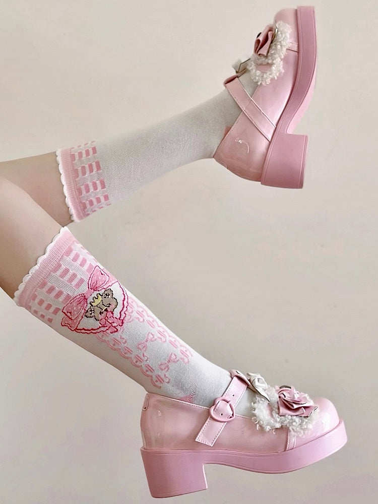 Bear Lolita Socks Pink Print Pattern Calf White Bowknot