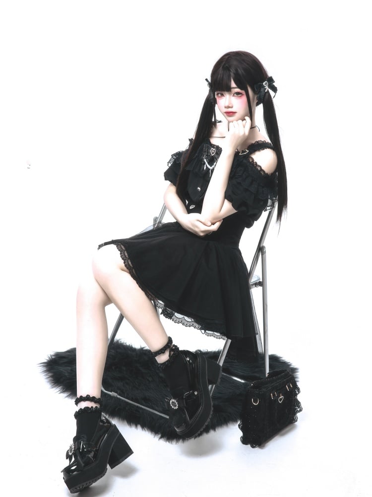 Trim Skirt Buttons Lace Sweetheart with Jirai Kei Black High Waist