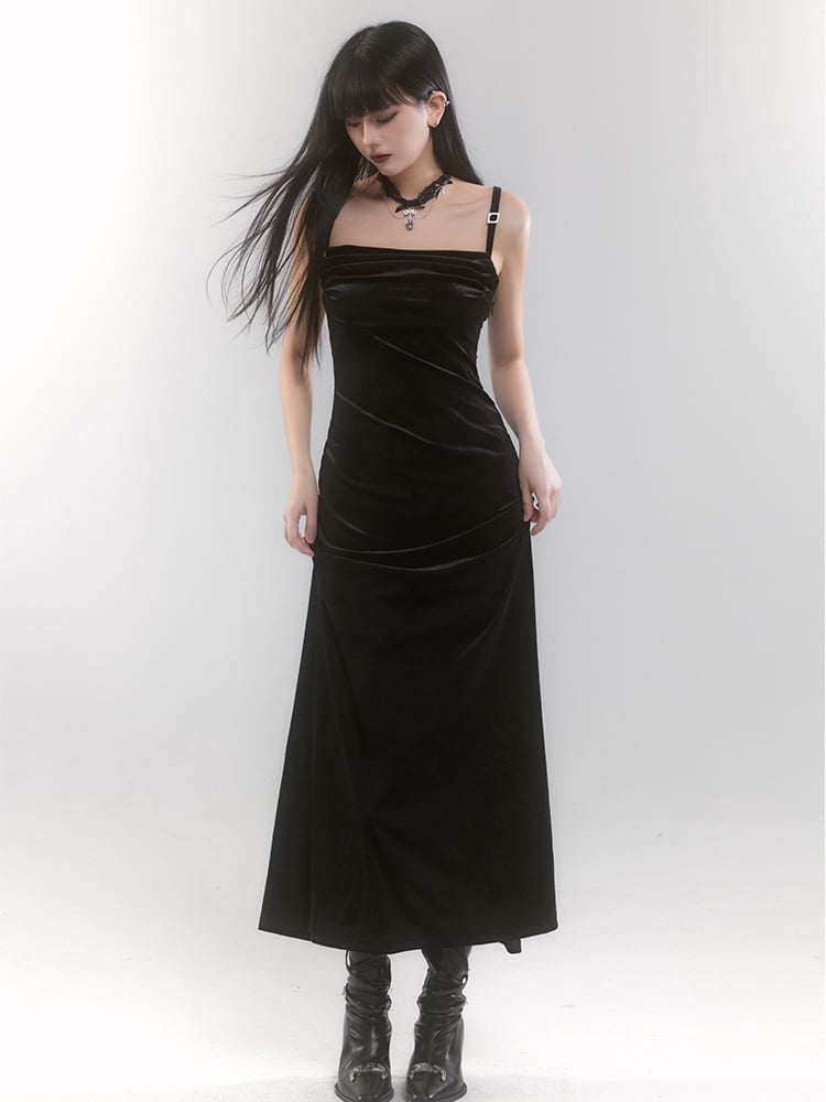 Black Velvet Side Slit Slip Dress