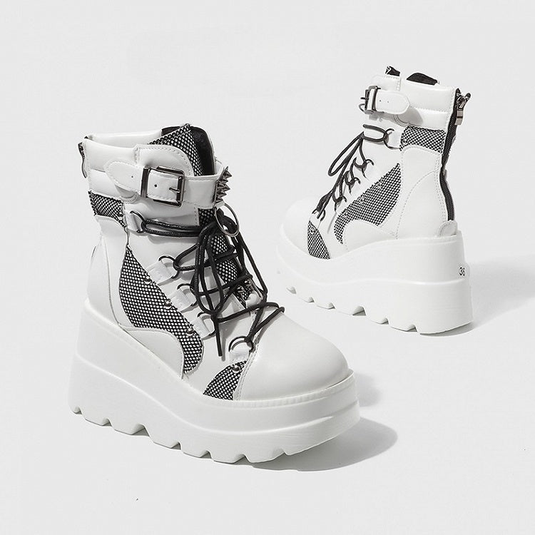 Gothic Studded - Platform Harness Ankle Boots White