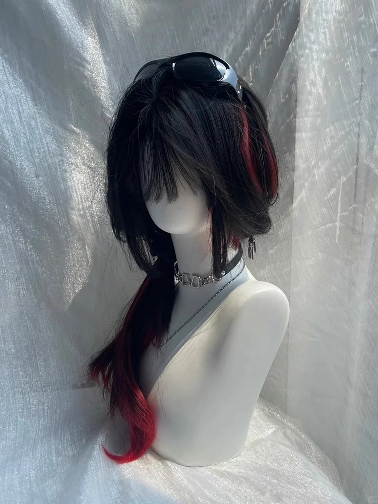 Black with 65CM Bangs Wig Full Straight Red Long Highlight