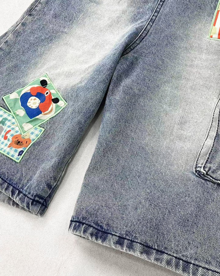 Pocket Jeans Puppy with Summer Waist Cute Accessory Plaid Overall