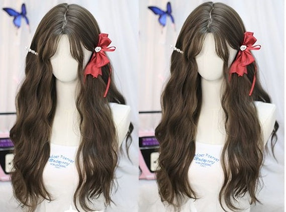 Braune, gewellte Unterbrustperücke mit Vorhangpony