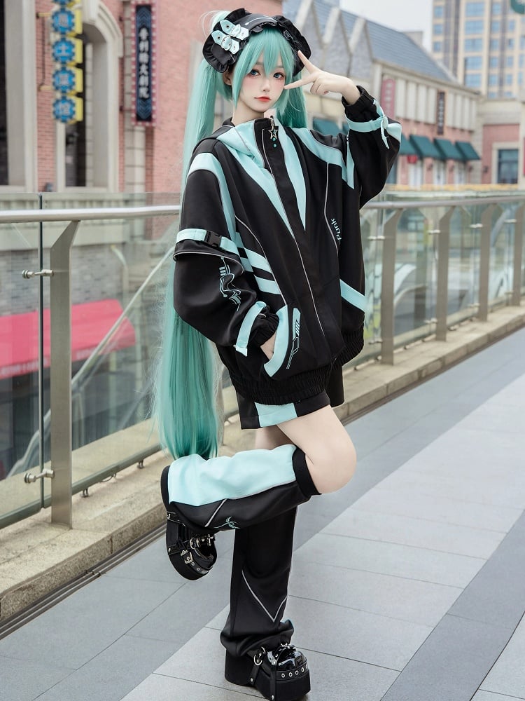 Schwarze und grüne Jirai Kei Cyberpunk Shorts Beinwärmer