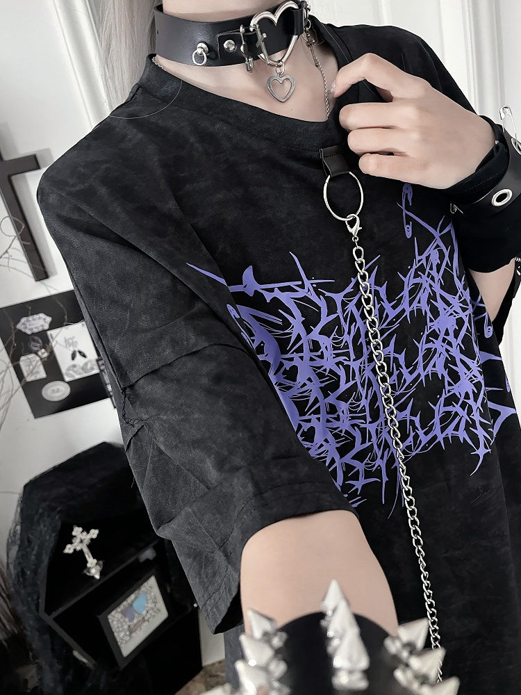 T-Shirtwith Gothic Loose ChainPurple Black Detachable Thorn Print