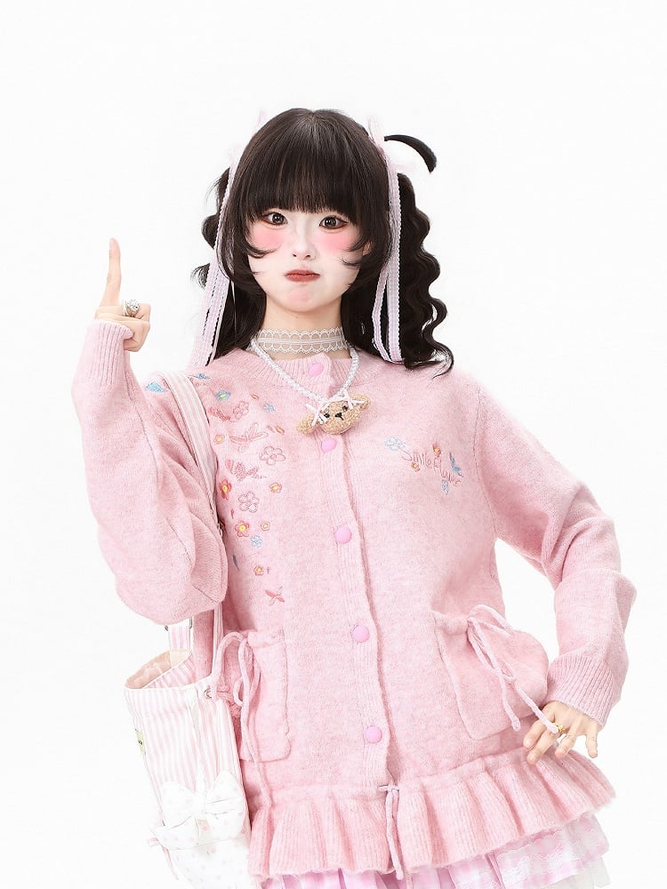 with Daily Cardigan Ruffled Hem Kawaii Pink/Apricot