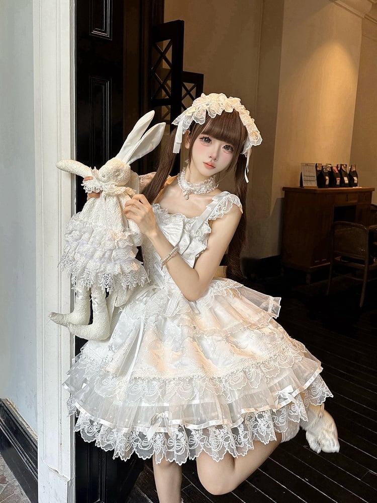 Bow Ruffled Details Lace Embossed Lolita Sweet with Only JSK Jacquard Dress / Princess + White Train
