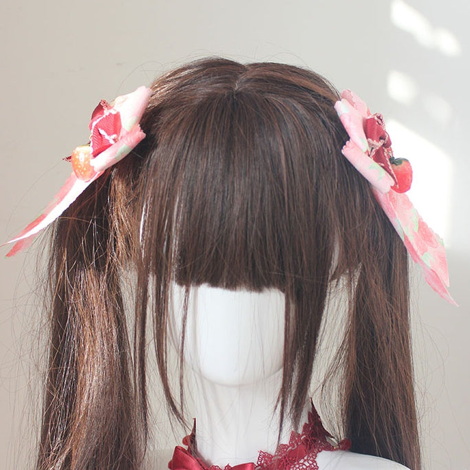 Pink Strawberry Print Bowknot Hairclips