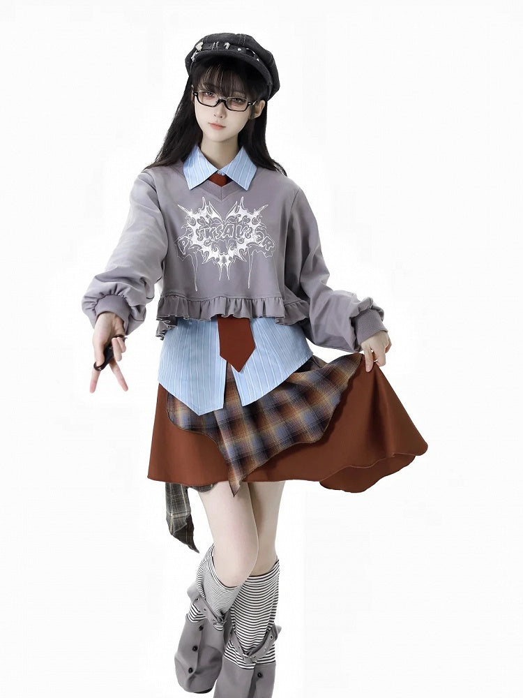 フリータイ ライトブルーストライプ アシンメトリーヘム プレッピーシャツ