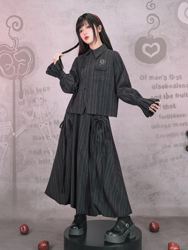 Vintage Design Skirt Chinese Midi Bud Pocket Stripe Hem Gray Large Gothic With